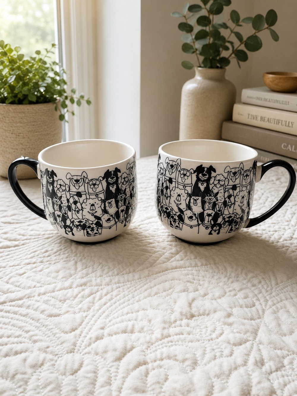 2 - Paws Cafe Dogs Black White Tea Coffee Cup Mug BIA Cordon Bleu Set of 2